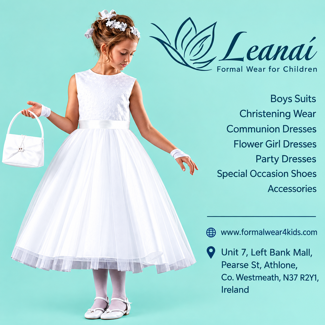 Leanaí formalwear advert with a communion dress and the Athlone shop address